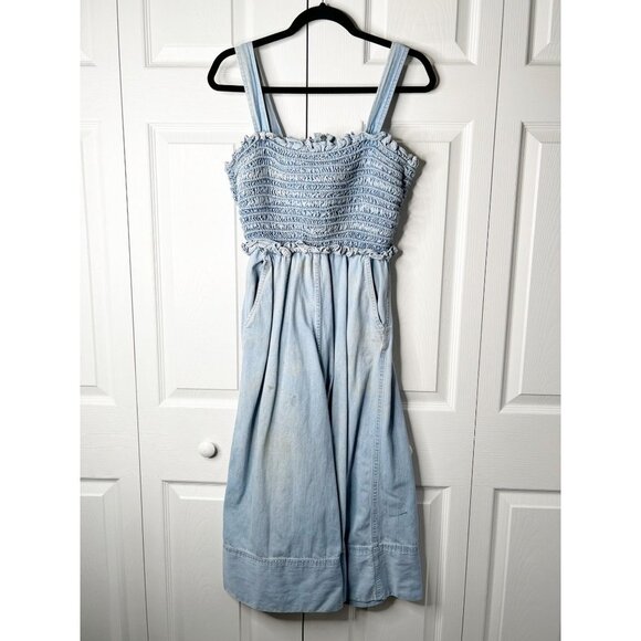 Sea New York Dakota Blue Cotton Smocked Wide Leg Crop Jumpsuit Women's Size 6 - Picture 3 of 14